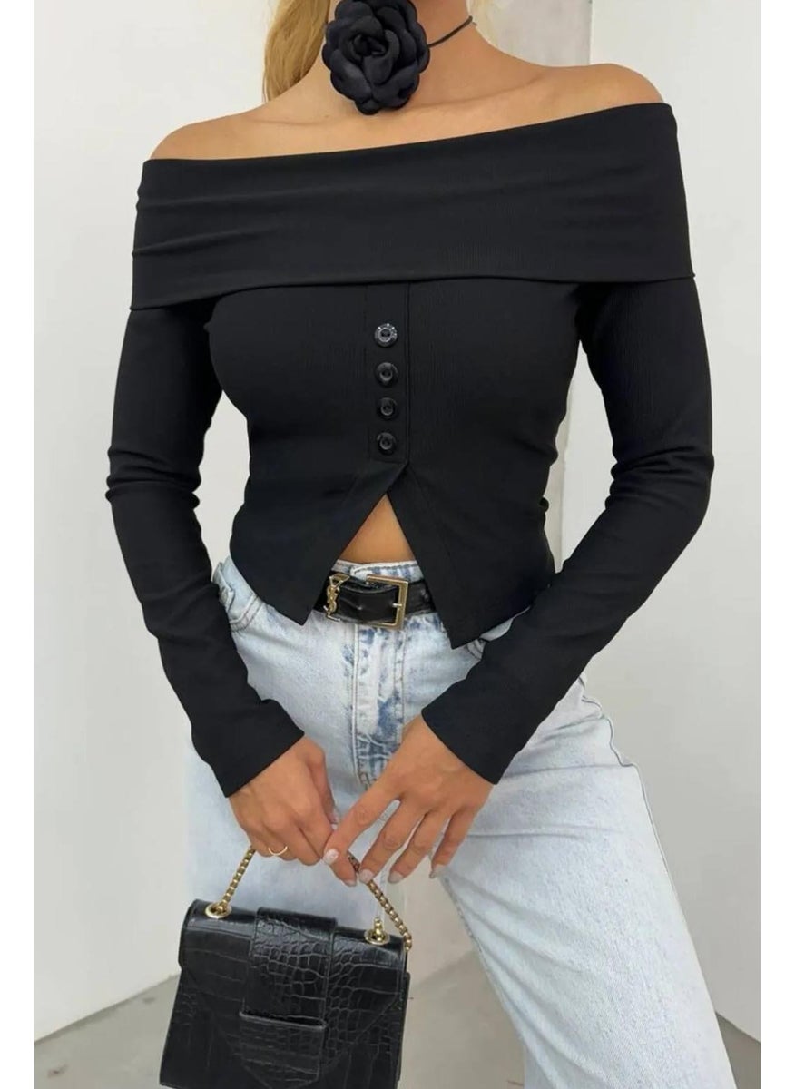 Women's Black Madonna Collar Front Button Detail Blouse