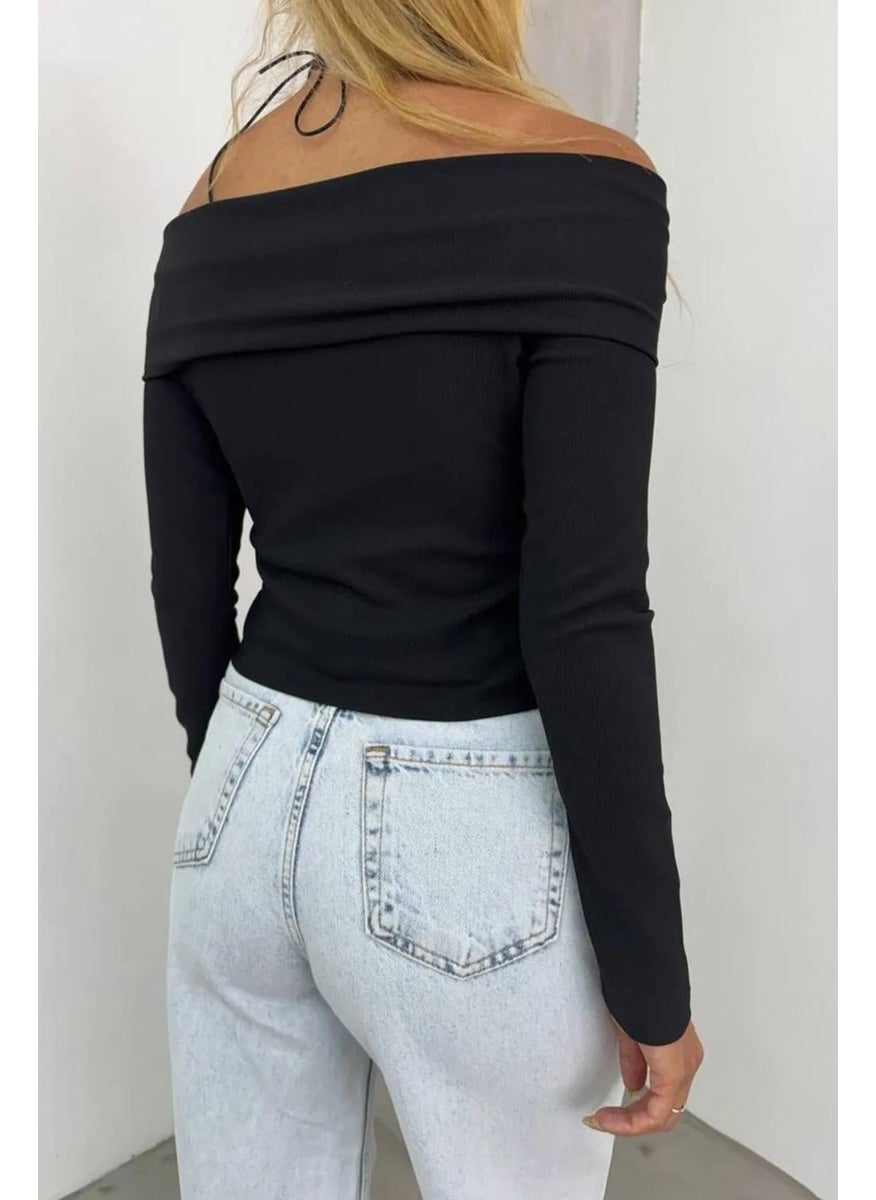 Women's Black Madonna Collar Front Button Detail Blouse