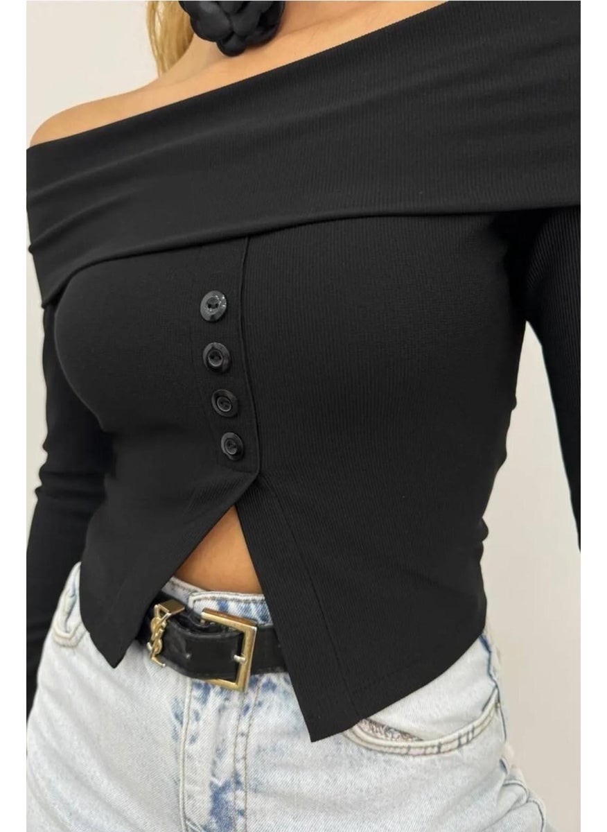 Women's Black Madonna Collar Front Button Detail Blouse