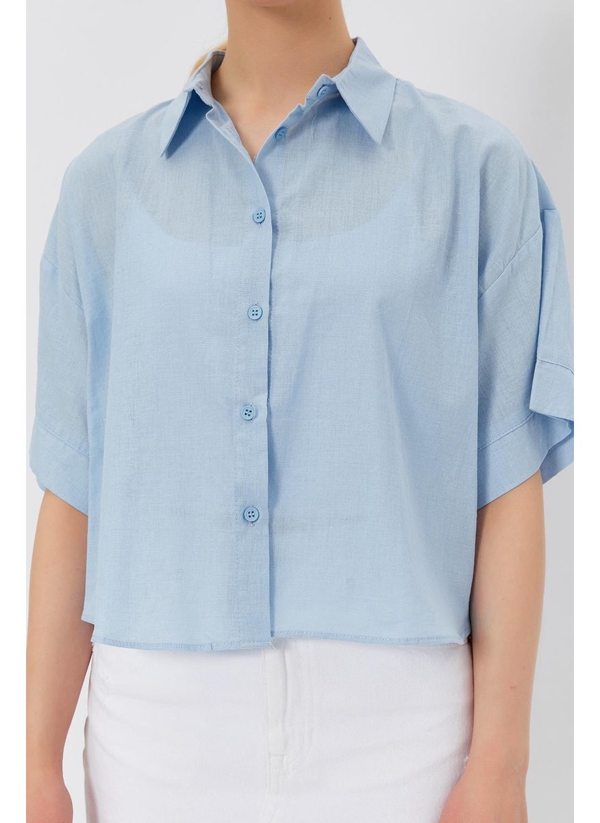 Women's Blue Short Sleeve Long Back Relaxed Fit Linen Shirt