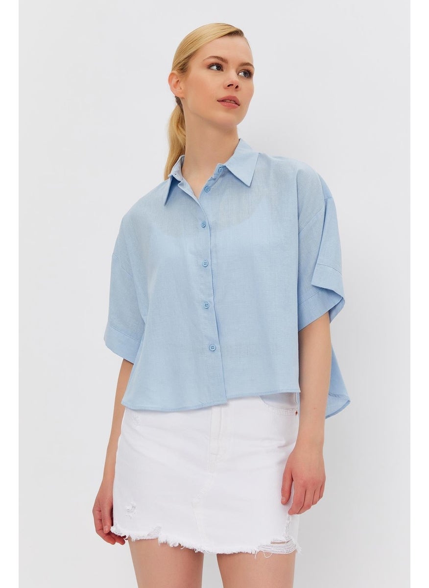 Women's Blue Short Sleeve Long Back Relaxed Fit Linen Shirt