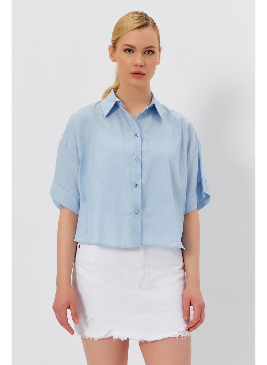 Women's Blue Short Sleeve Long Back Relaxed Fit Linen Shirt