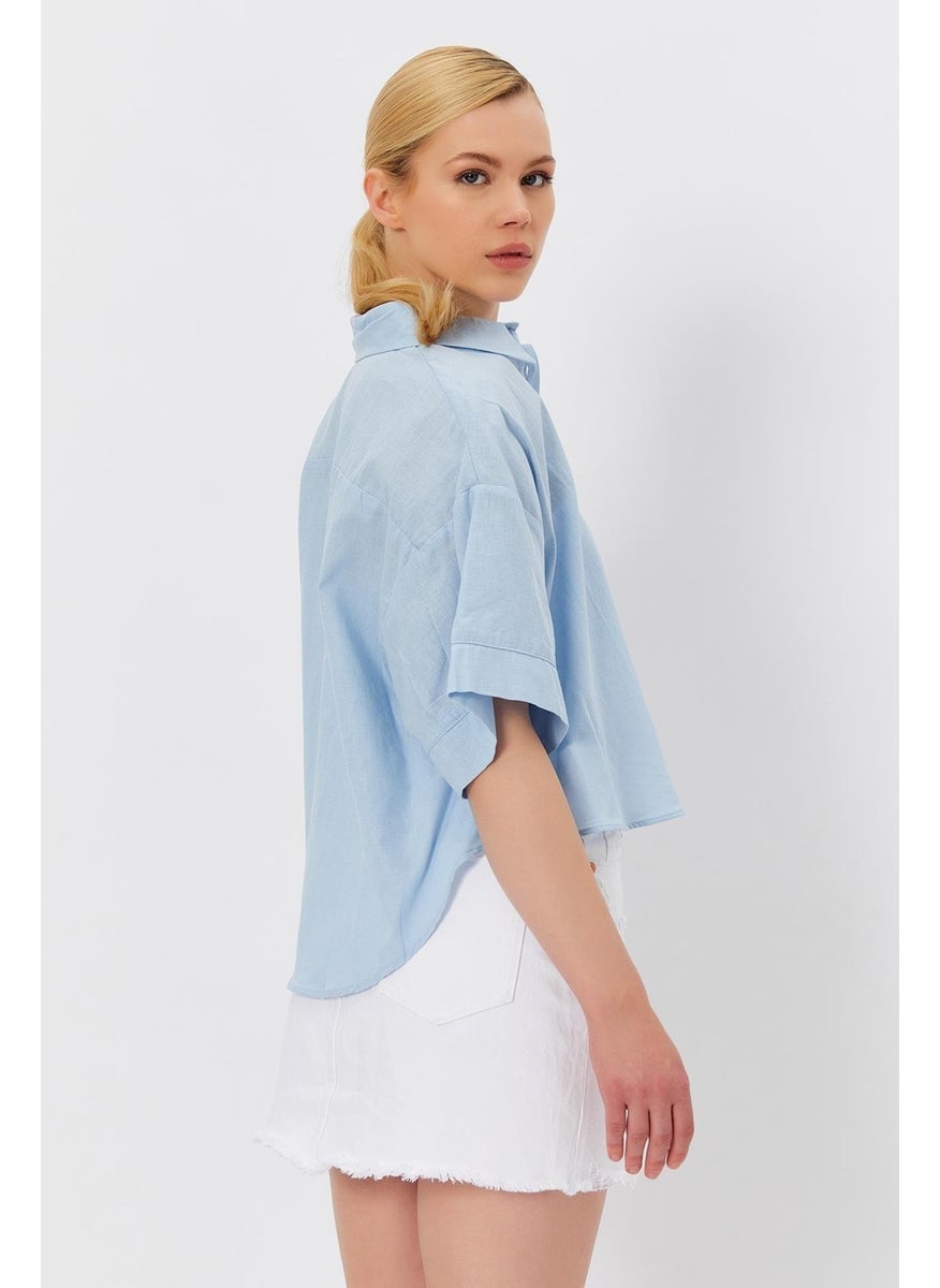 Women's Blue Short Sleeve Long Back Relaxed Fit Linen Shirt