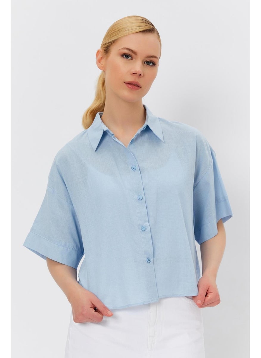 Women's Blue Short Sleeve Long Back Relaxed Fit Linen Shirt