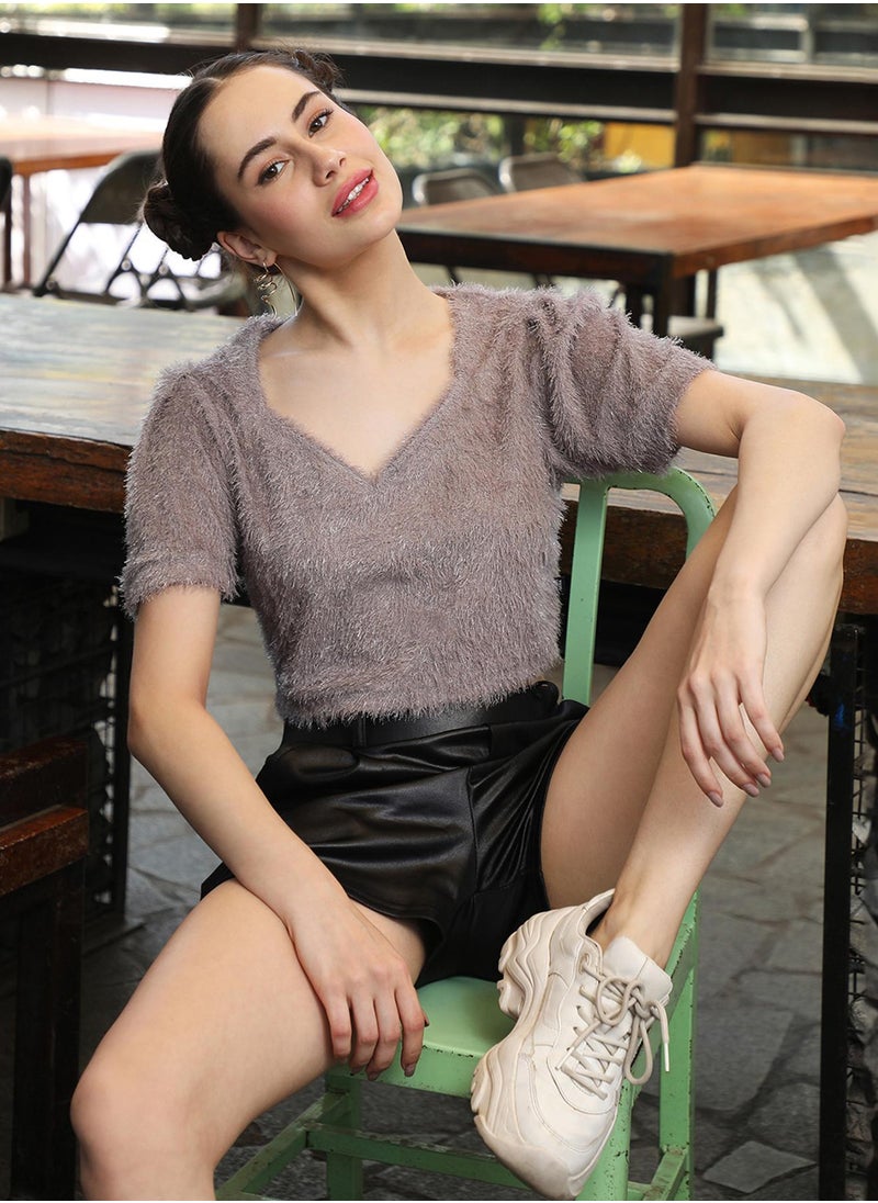 Women's Moon Grey Teddy Crop Top