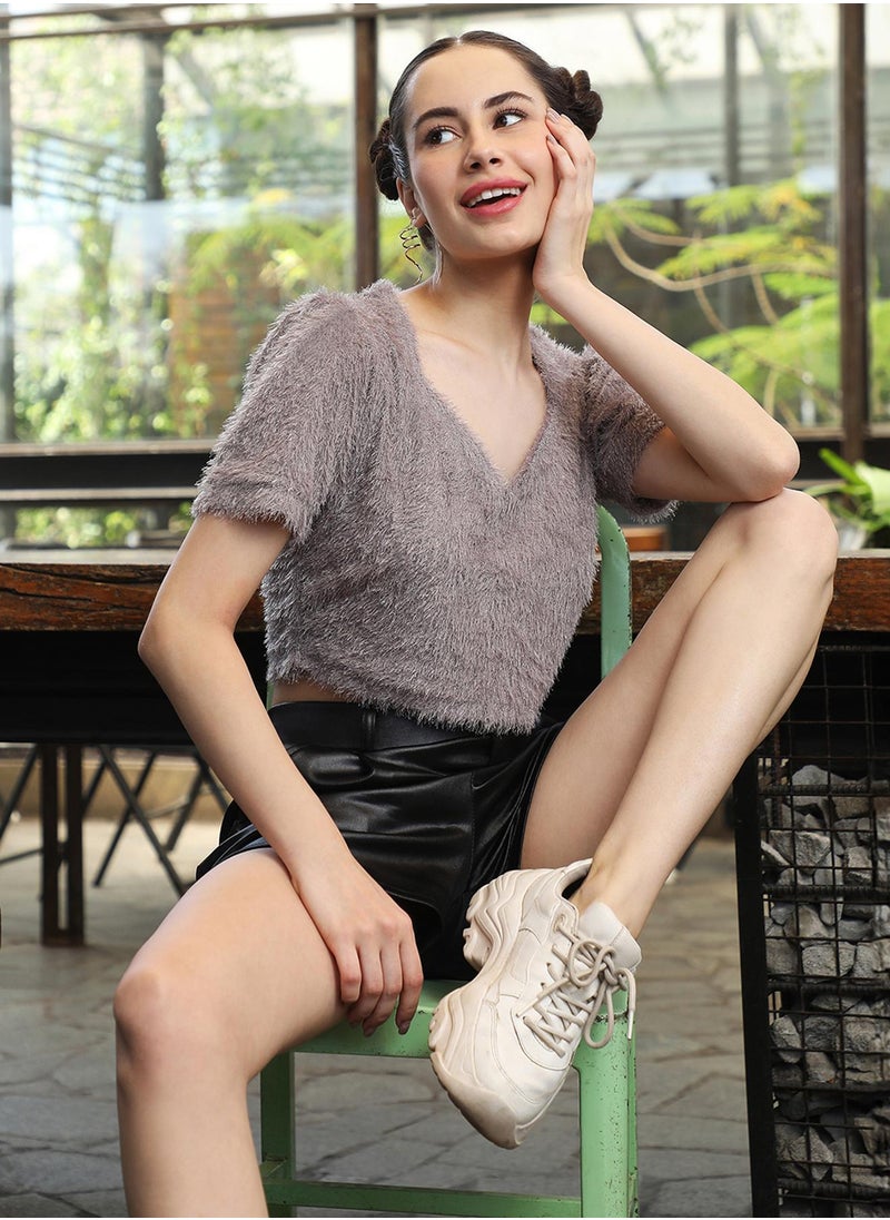 Women's Moon Grey Teddy Crop Top