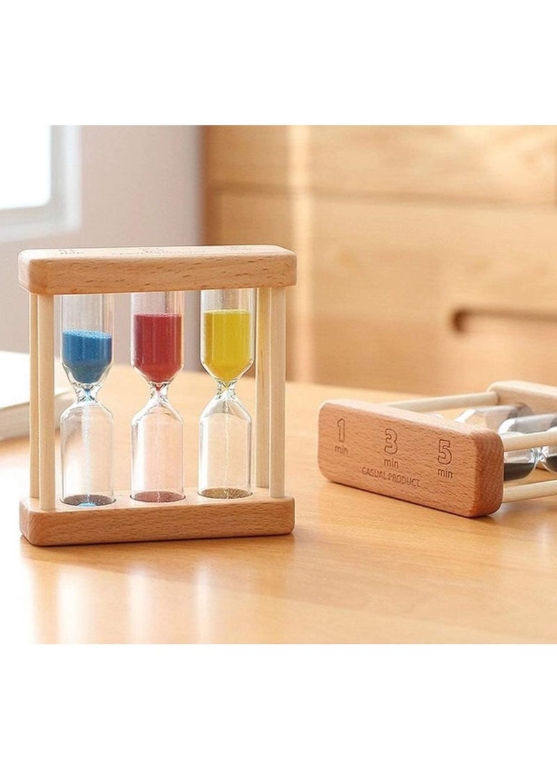 Wooden Sand Hourglass Timer Wood Frame Sandglass Clock 1+3+5 Minute Mini Decoration Small Gift for Games Classroom Home Office (Colored)
