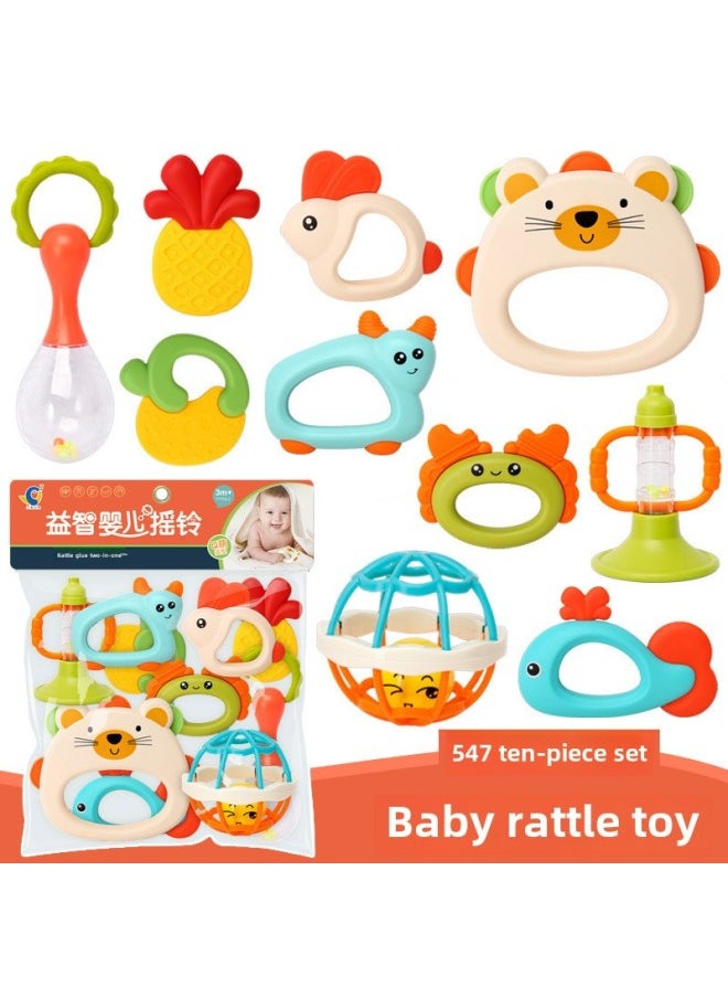 Export Of Southeast Asia Baby Toys Newborn Tooth Glue Rattle Soft Rubber Baby Puzzle Early Education Rattle Suit-Color:Baby Rattle 10-piece Set