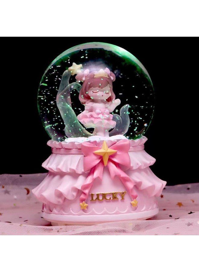 Mermaid Princess Crystal Ball Music Box Cartoon Ornaments Snowflakes Student Creative Gift Birthday Music Box-Colour:12-princess Elsa [pink]-Size:Large Size 100#(inner Rotation + Falling Snow) Lanterns Music