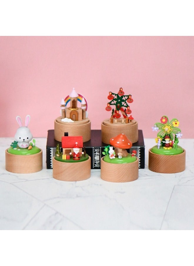 24 Mini Music Box Cute Pet Animals Children's Holiday Gift Beech Crafts Wooden Music Box Ornaments-Color:SH1604 Ferris Wheel-Dimensions:Base 8*8CM