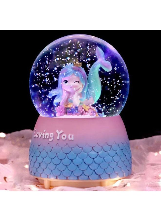 Mermaid Princess Crystal Ball Music Box Cartoon Ornaments Snowflakes Student Creative Gift Birthday Music Box-Colour:7-teacup Princess [pink]-Size:Large Size 100#(automatic Snow Falling) Lanterns Music