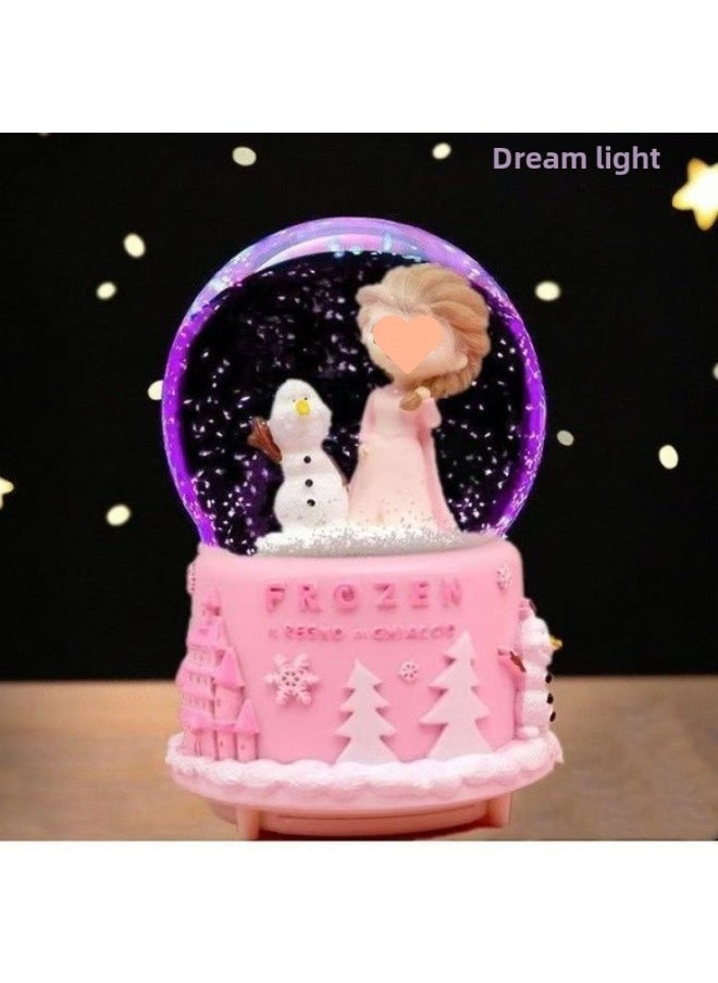 Mermaid Princess Crystal Ball Music Box Cartoon Ornaments Snowflakes Student Creative Gift Birthday Music Box-Colour:12-princess Elsa [pink]-Size:Large Size 100#(inner Rotation + Falling Snow) Lanterns Music