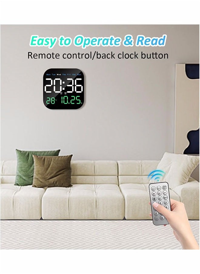 Digital Wall Clock, LED Digital Clock with Remote Control for Living Room Decoration, Week, Date, Temperature in 3 Colors, Auto Brightness, Standing and Hanging
