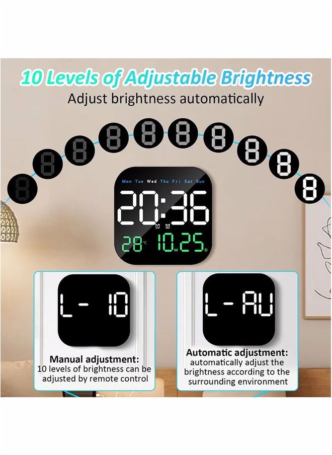 Digital Wall Clock, LED Digital Clock with Remote Control for Living Room Decoration, Week, Date, Temperature in 3 Colors, Auto Brightness, Standing and Hanging