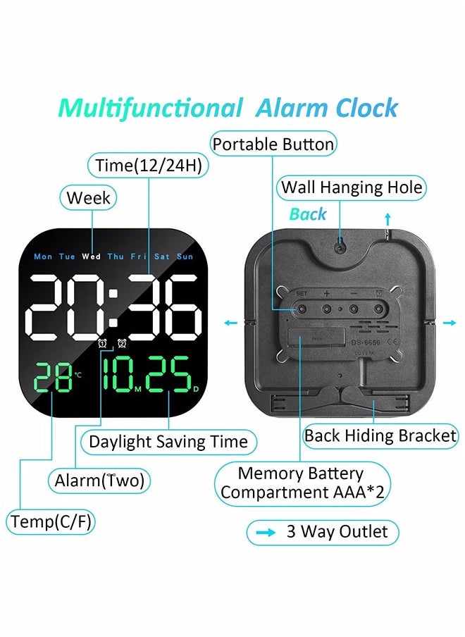Digital Wall Clock, LED Digital Clock with Remote Control for Living Room Decoration, Week, Date, Temperature in 3 Colors, Auto Brightness, Standing and Hanging