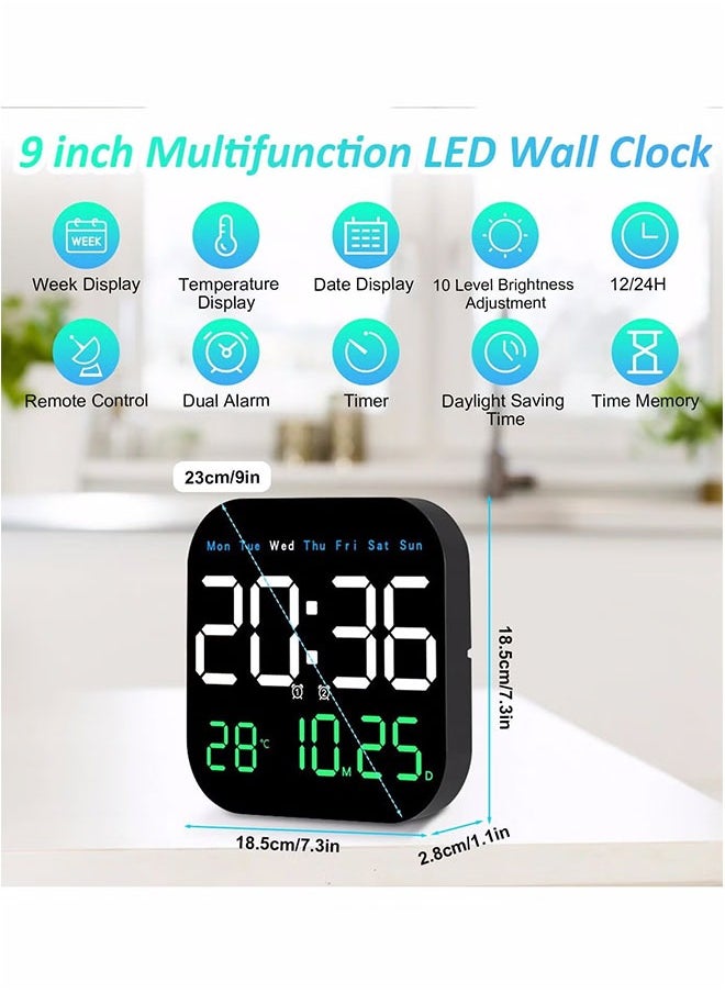 Digital Wall Clock, LED Digital Clock with Remote Control for Living Room Decoration, Week, Date, Temperature in 3 Colors, Auto Brightness, Standing and Hanging