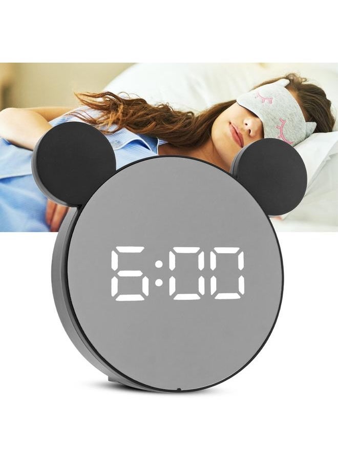 Digital Alarm Clock Mirror Surface Large LED Screen 12/24 Hours Adjustable Brightness LED Clock for Bedroom Office Bar Black Shell and White Light