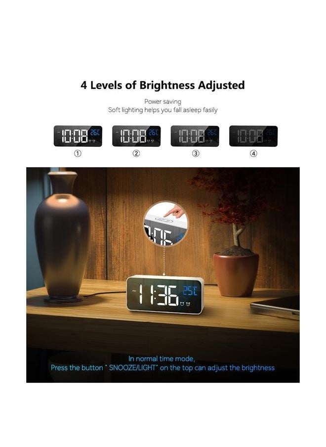 LED Digital Alarm Clock for Bedroom Electronic Clock with Thermometer 2 Alarms Snooze Function 4 Level Brightness Mirror Clocks USB Charging for Bedside Desk Office