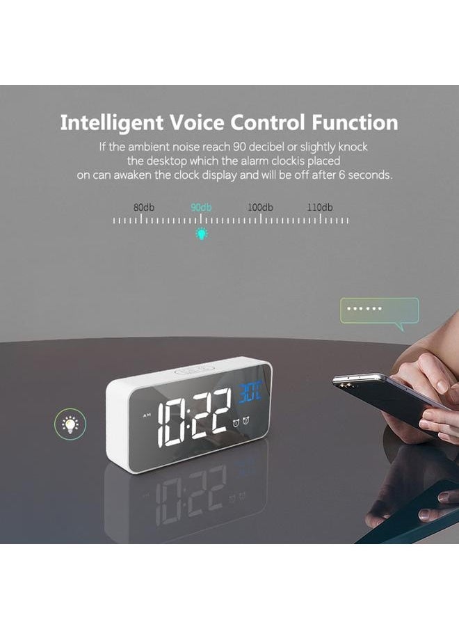 LED Digital Alarm Clock for Bedroom Electronic Clock with Thermometer 2 Alarms Snooze Function 4 Level Brightness Mirror Clocks USB Charging for Bedside Desk Office