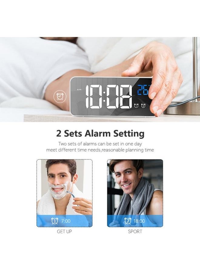 LED Digital Alarm Clock for Bedroom Electronic Clock with Thermometer 2 Alarms Snooze Function 4 Level Brightness Mirror Clocks USB Charging for Bedside Desk Office