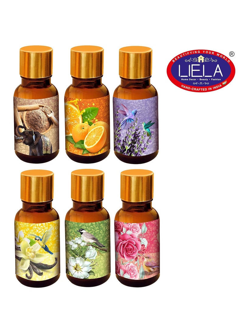 LIELA Aroma Fragrance Essential Oil Multipurpose Set of 6 Amber bottles with golden cap 120 ml 20 ml each in Pure Premium Fragrance Lavender Jasmine RoseSandal Orange Vanilla