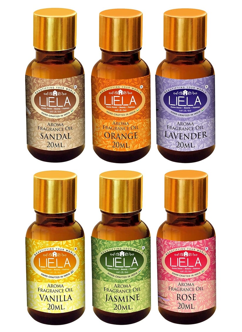 LIELA Aroma Fragrance Essential Oil Multipurpose Set of 6 Amber bottles with golden cap 120 ml 20 ml each in Pure Premium Fragrance Lavender Jasmine RoseSandal Orange Vanilla