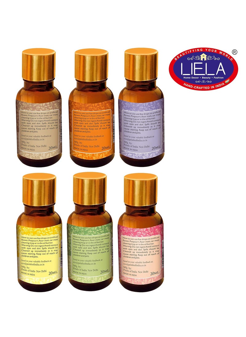 LIELA Aroma Fragrance Essential Oil Multipurpose Set of 6 Amber bottles with golden cap 120 ml 20 ml each in Pure Premium Fragrance Lavender Jasmine RoseSandal Orange Vanilla