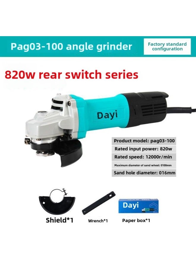 Angle Grinder High Power Hand Grinder Fine Handle Wired Original Electric Tool 100 Type Grinding Sand Machine-Color:Dayi 03-100 Angle Grinder 820w Rear Switch +