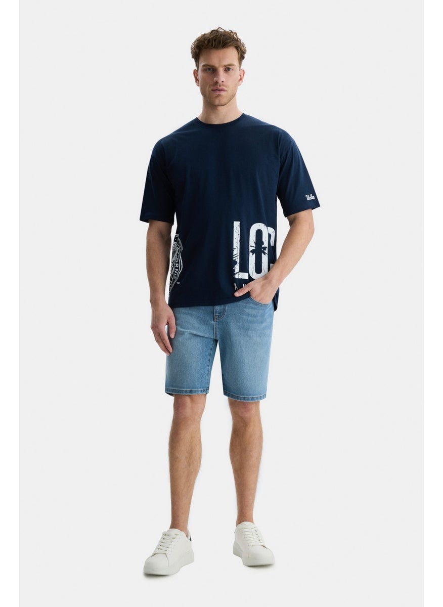 Ignıso Navy Blue Crew Neck Printed Oversize Men's Tshirt