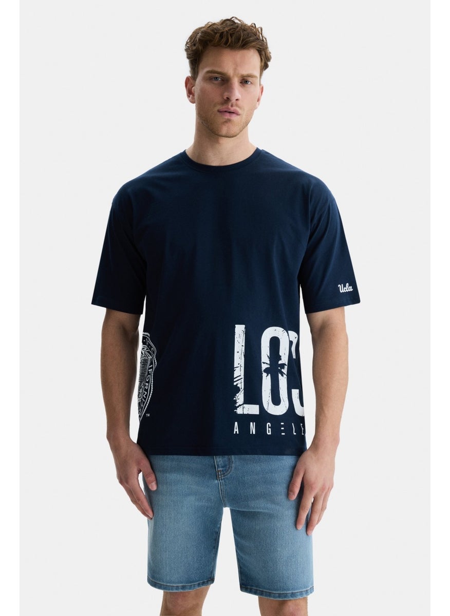 Ignıso Navy Blue Crew Neck Printed Oversize Men's Tshirt