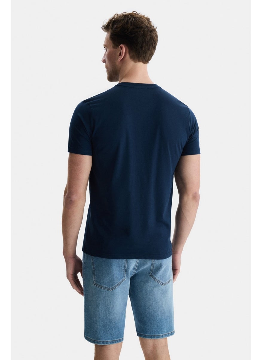 Sherman Navy Blue Crew Neck Printed Standard Fit Men's Tshirt