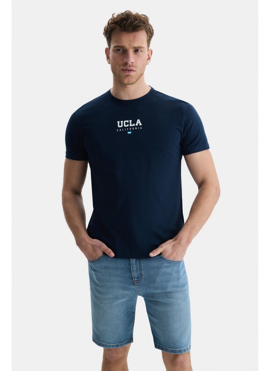 Sherman Navy Blue Crew Neck Printed Standard Fit Men's Tshirt