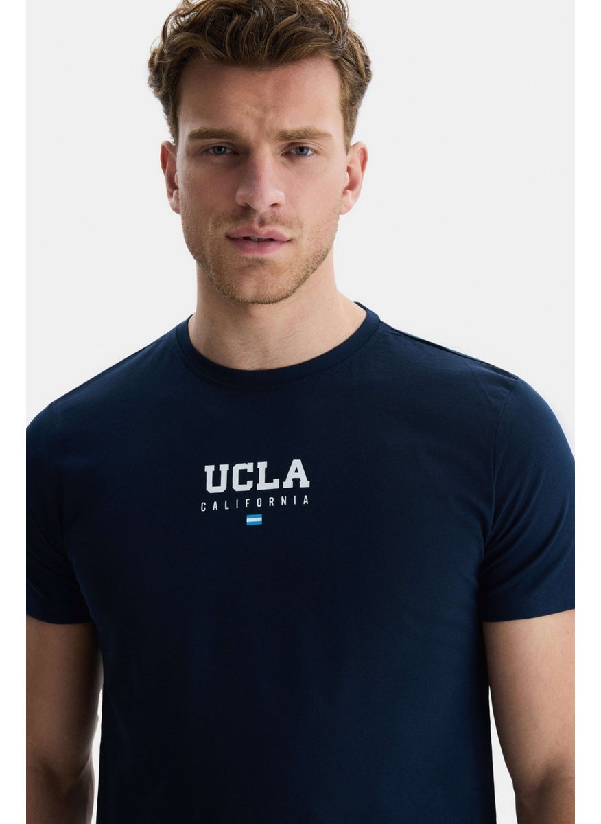 Sherman Navy Blue Crew Neck Printed Standard Fit Men's Tshirt