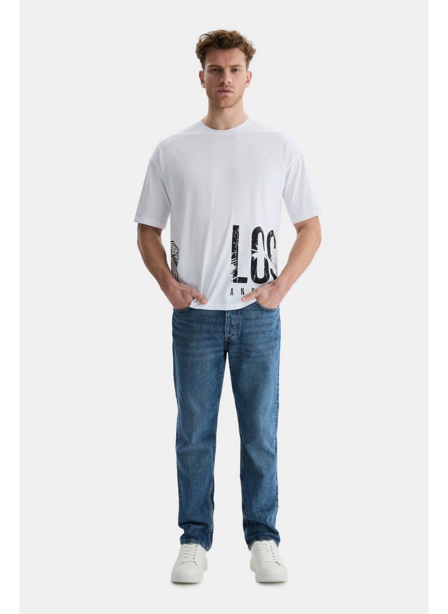 Ignıso White Crew Neck Printed Oversize Men's Tshirt