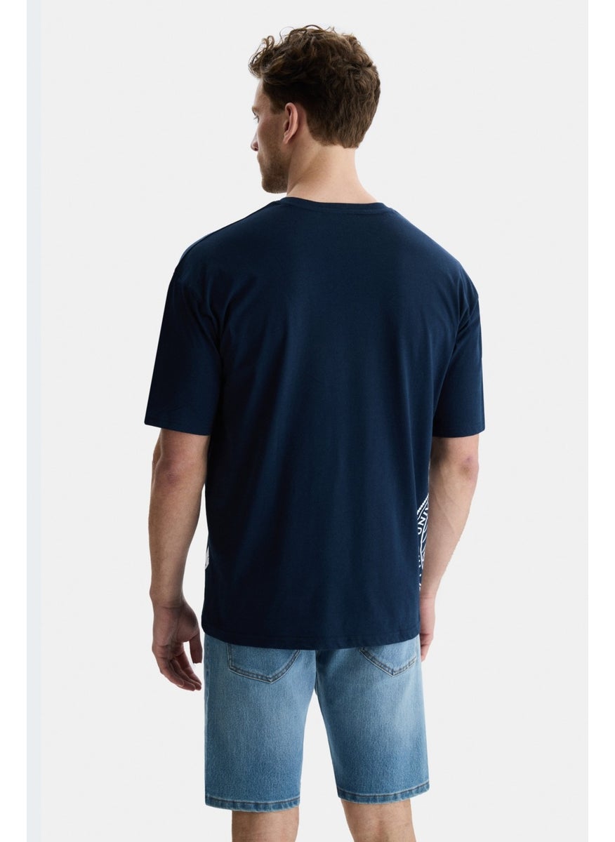 Ignıso Navy Blue Crew Neck Printed Oversize Men's Tshirt