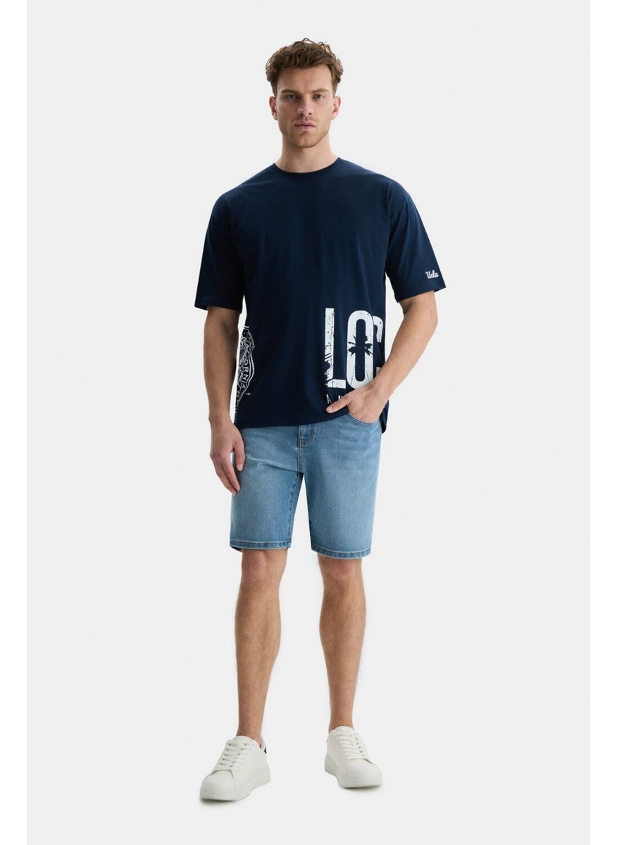 Ignıso Navy Blue Crew Neck Printed Oversize Men's Tshirt