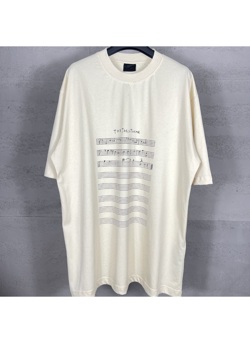 High-Quality Summer 2024 Musical Score Print Distressed Tee for Couples Apricot