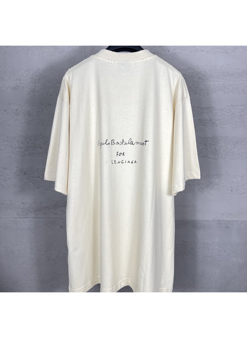 High-Quality Summer 2024 Musical Score Print Distressed Tee for Couples Apricot