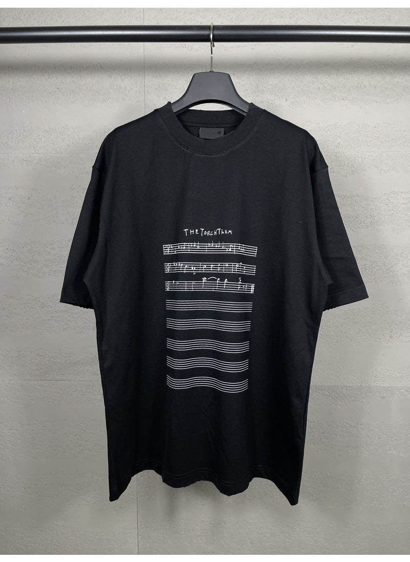 High-Quality Summer 2024 Musical Score Print Distressed Tee for Couples Apricot