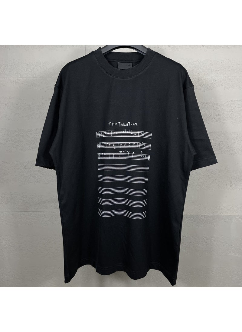 High-Quality Summer 2024 Musical Score Print Distressed Tee for Couples Apricot