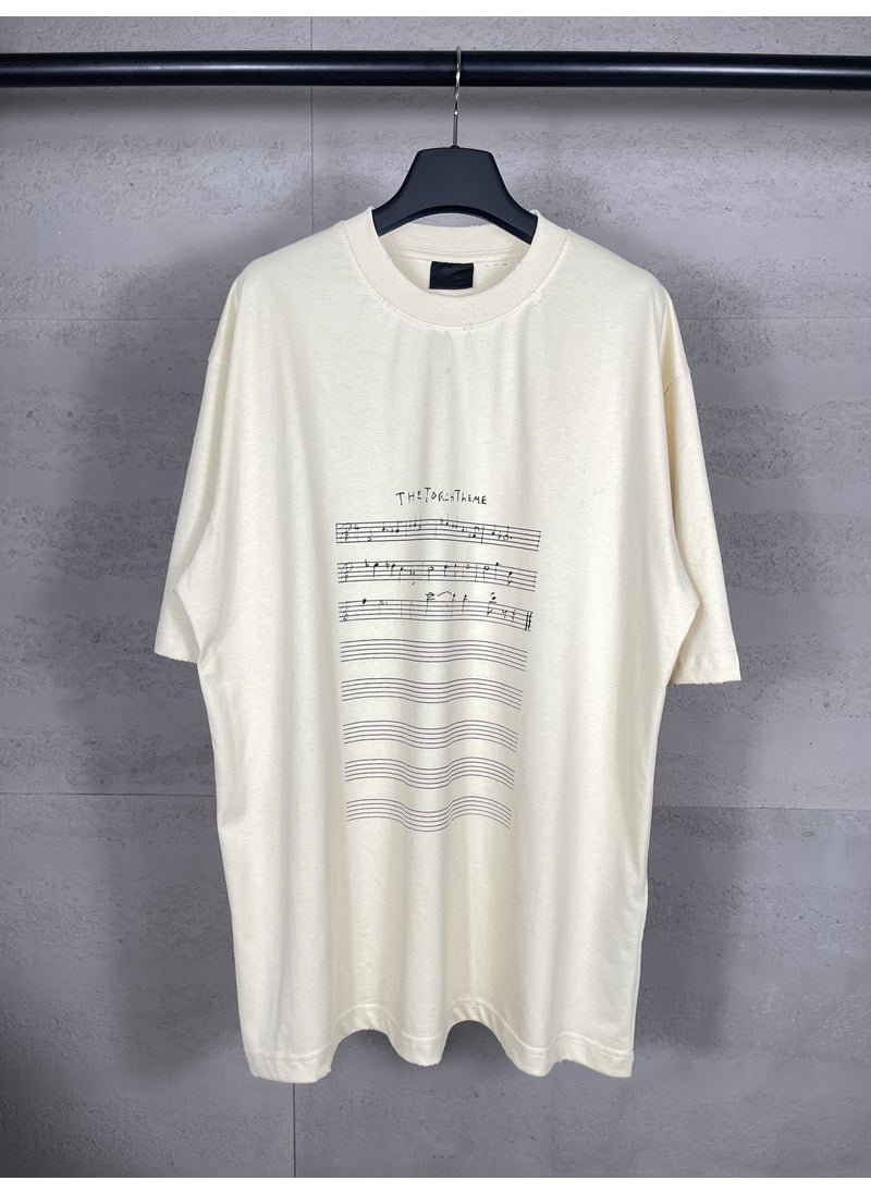 High-Quality Summer 2024 Musical Score Print Distressed Tee for Couples Apricot