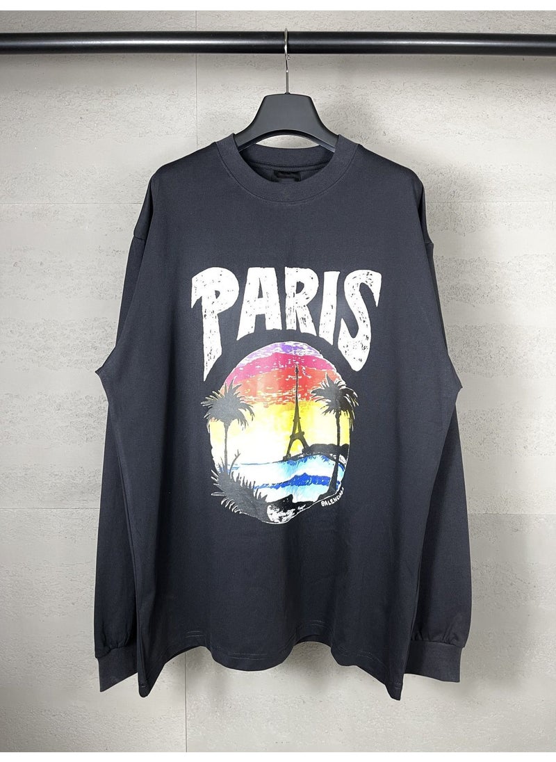 High-Version Paris Long Sleeve Tee with Eiffel Tower and Palm Print White