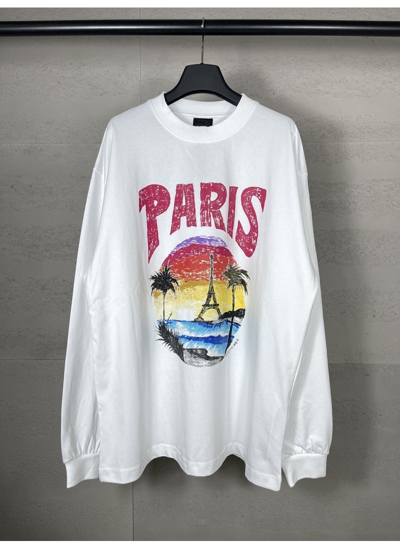 High-Version Paris Long Sleeve Tee with Eiffel Tower and Palm Print White