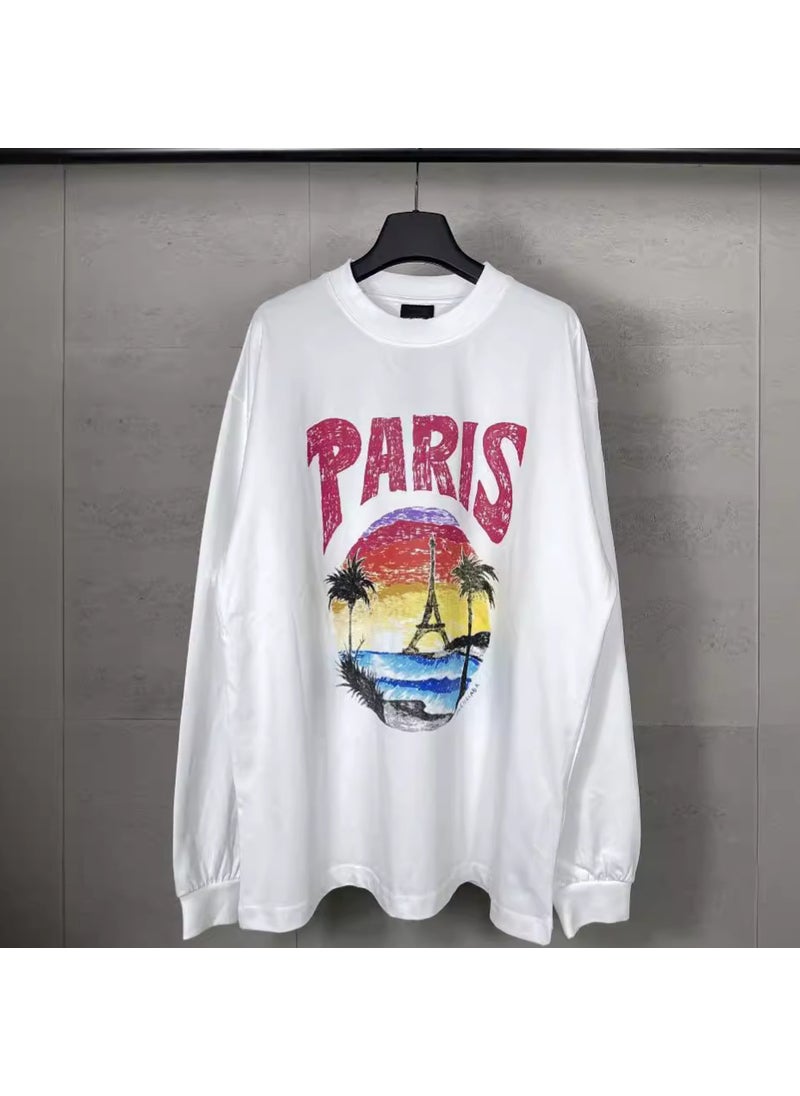 High-Version Paris Long Sleeve Tee with Eiffel Tower and Palm Print White