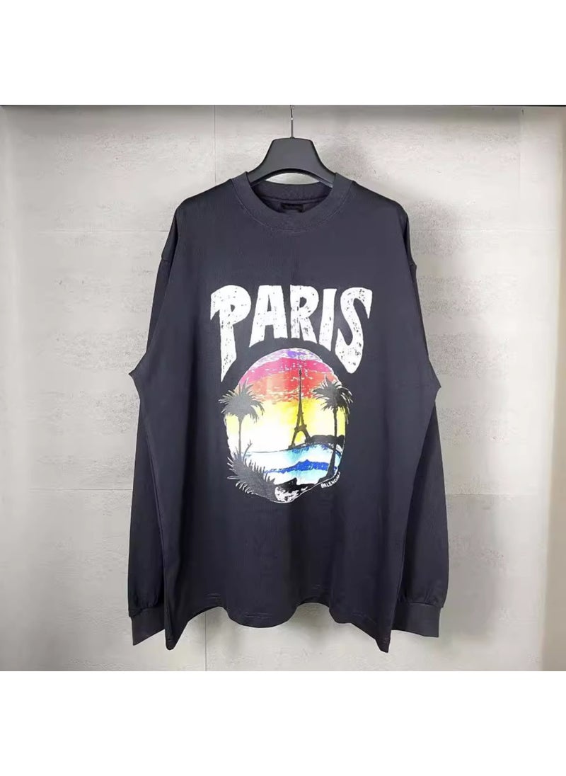 High-Version Paris Long Sleeve Tee with Eiffel Tower and Palm Print White