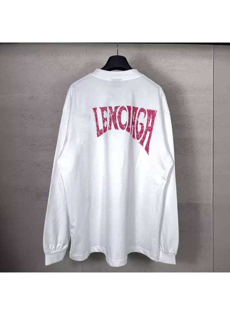 High-Version Paris Long Sleeve Tee with Eiffel Tower and Palm Print White