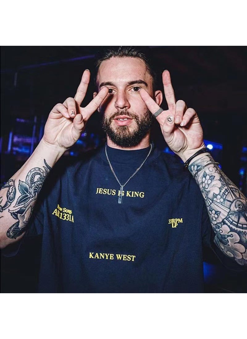 23SS Kanye Print Loose Couple Tees Navy