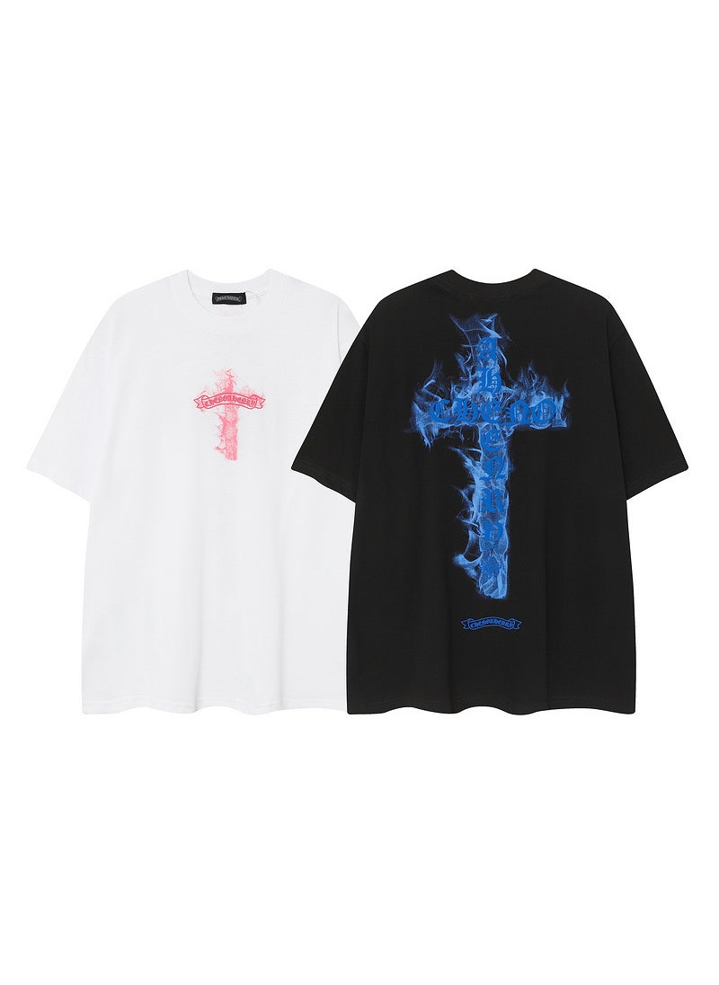High-Quality KE Cross Loose Tee for Couples White