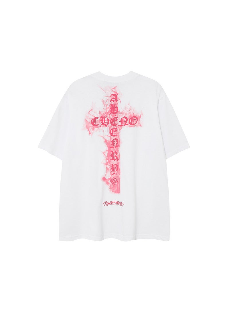 High-Quality KE Cross Loose Tee for Couples White