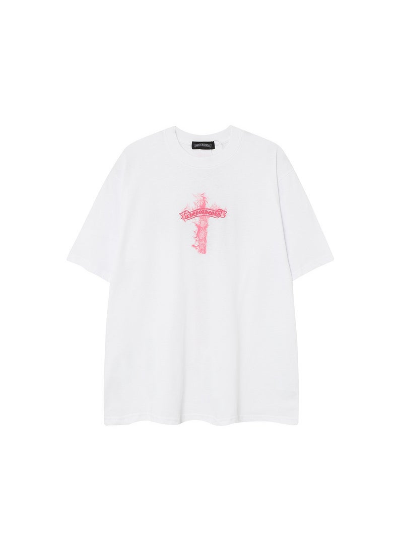 High-Quality KE Cross Loose Tee for Couples White